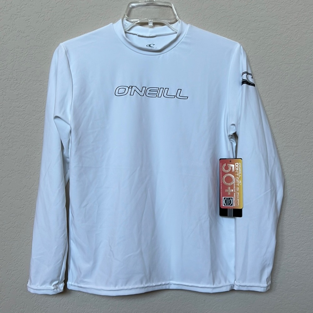 NWT white O’Neill youth basic skins UPF 50+ long sleeve sun shirt/rashguard
